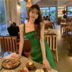 Spaghetti Strap Frill Trim Dress Green - One Size