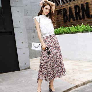 Set: Sleeveless Lace Top + Printed Midi A-line Skirt