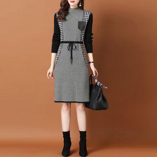 Set: Mock-neck Knit Top + Gingham Overall Dress