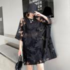 Short-sleeve Floral Print A-line Lace Dress Black - One Size