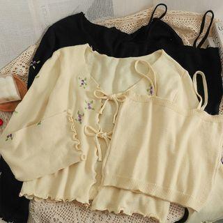 Set: Knit Camisole Top + Tie-front Embroidered Light Cardigan