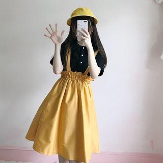 Set: Short-sleeve Blouse + Suspender Midi Skirt