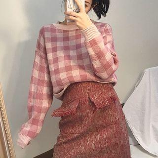 Plaid Sweater Plaid - Pink - One Size
