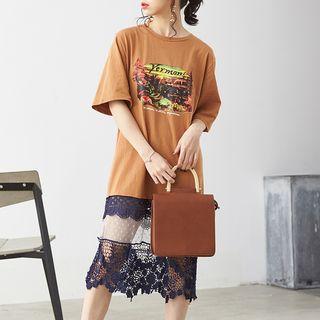 Printed Elbow Sleeve Lace Hem T-shirt Dress