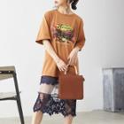 Printed Elbow Sleeve Lace Hem T-shirt Dress