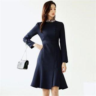 Tall Size Button-trim Ruffle-hem Dress