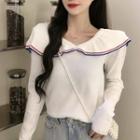 Long-sleeve Collar Knit Top White - One Size