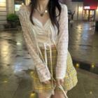 Lace Jacket / Spaghetti Strap Top / Plaid Mini A-line Skirt