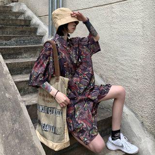 Set: Elbow-sleeve Print Shirt + Shorts Shirt - Print - Purple - One Size / Shorts - Print - Purple - One Size