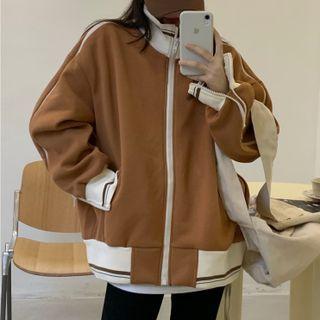 Stand-collar Color Panel Long-sleeve Baseball Jacket Coffee - One Size