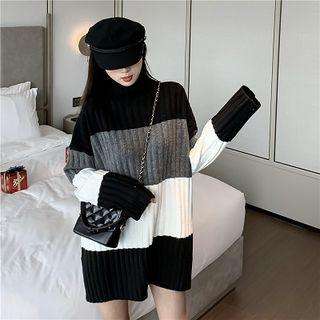 Color-block Turtle-neck Loose-fit Long-sleeve Knit Sweater