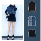 Set: Mock Neck Long-sleeve Top + Vest + A-line Skirt