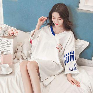Lettering Elbow-sleeve V-neck Sleep Dress