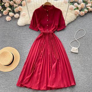 Elbow-sleeve Accordion Pleat Midi A-line Shirtdress