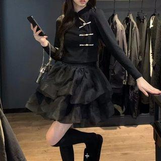 Long-sleeve Frog Buttoned Top / Tiered Skirt