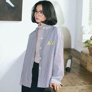 Letter Embroidered Striped Shirt As Shown In Figure - One Size