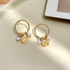 Faux Pearl Rhinestone Coin Drop Earring Ear Stud - 1 Pair - S925 Silver Stud - Gold - One Size