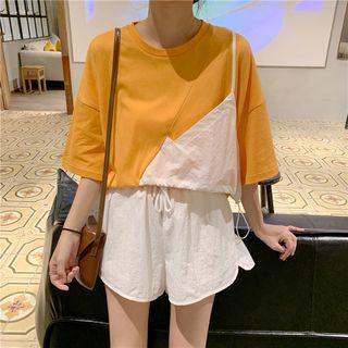 Set: Color Panel Short Sleeve T-shirt + Wide Leg Shorts