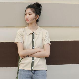 Two Tone Button-up Oversize Knit Top As Shown In Figure - One Size
