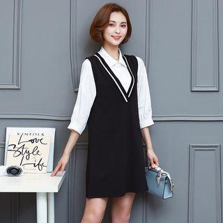 Set: 3/4 Sleeve Shirt + Striped V-neck Tank Dress