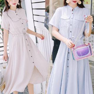 Pocketed Short Sleeve Shirt Dress