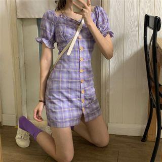 Plaid Short-sleeve Button Mini A-line Dress