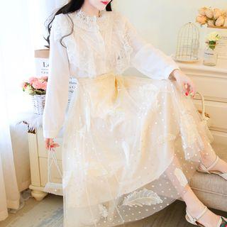 Lace Ruffled Balloon-sleeve Blouse / Feather Embroidered Midi Mesh Skirt / Set