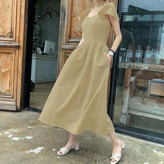 Flutter-sleeve Gather-waist Long Dress Beige - One Size