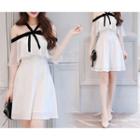 Bow Accent Off Shoulder Elbow Sleeve Chiffon Dress