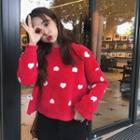 Long-sleeve Heart Embroidered Sweater Red - One Size