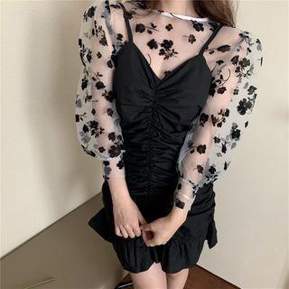 Sheer Long-sleeve Top / Camisole / Strappy A-line Dress / Set