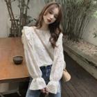 Long-sleeve Frill Trim Lace Blouse Off-white - One Size