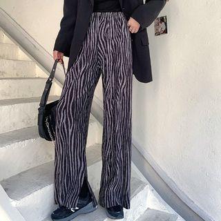 Zebra Print Slit Wide-leg Pants Black - One Size