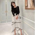3/4-sleeve Paneled Midi A-line Tiered Dress