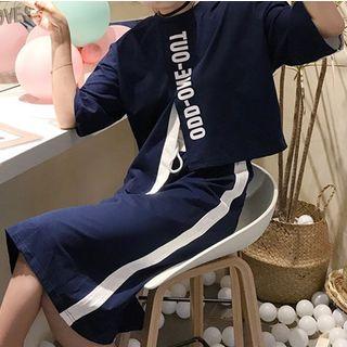 Set: Color Panel Elbow Sleeve T-shirt + Contrast Trim Midi Skirt