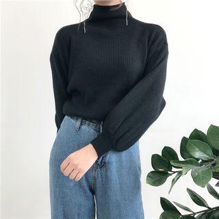 Plain Mock-neck Lantern Sleeve Loose-fit Sweater