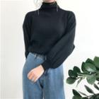 Plain Mock-neck Lantern Sleeve Loose-fit Sweater