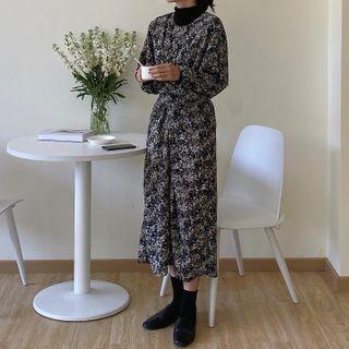 Floral Print Long-sleeve Midi A-line Dress Floral - One Size