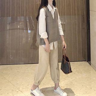 Long-sleeve Shirt / Knit Vest / Harem Pants / Set