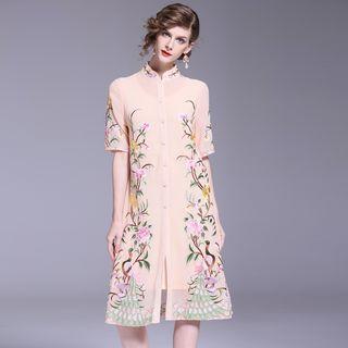 Set: Crew-neck Tank Dress + Embroidered Elbow-sleeve Light Jacket