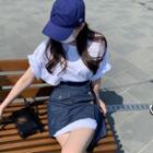 Short Sleeve Plain T-shirt / Asymmetrical Denim Mini Fitted Skirt