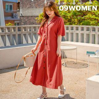 Plus Size Tie-waist Linen Blend Shirtdress