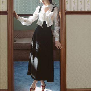 Set: Bow Accent Blouse + Midi Overall Dress