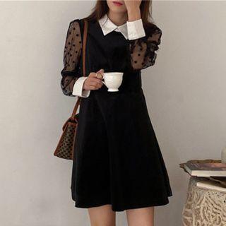 Long-sleeve Mesh A-line Dress Black - One Size