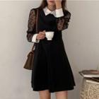 Long-sleeve Mesh A-line Dress Black - One Size