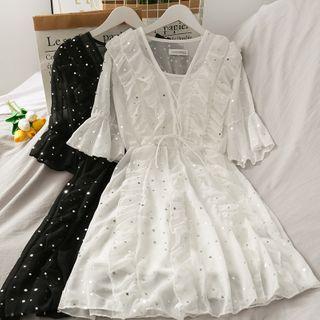 Sequined Ruffled-trim Mesh A-line Dress With Slipdress