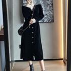 Set: Mock-neck Long-sleeve Lace Top + Long-sleeve Midi A-line Velvet Dress