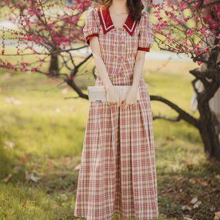 Set: Short-sleeve Plaid Double-breasted Top + Midi A-line Skirt