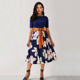 Floral Print Bow Accent A-line Dress