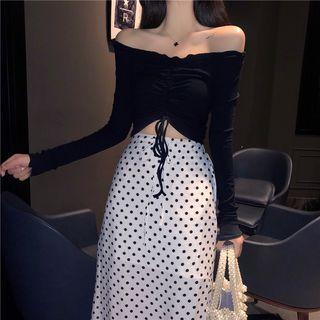 Off-shoulder Cropped Top / Polka Dot Skirt